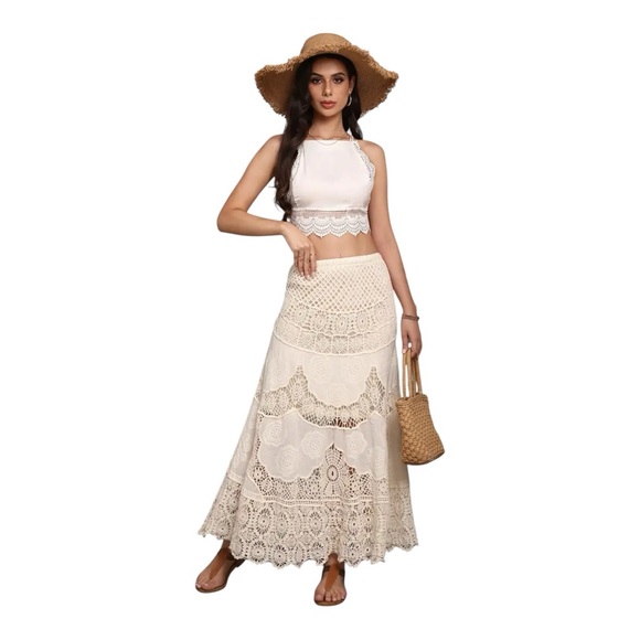 Lace Embroidered  Maxi Skirt Cream Color Size XL - Picture 2 of 10